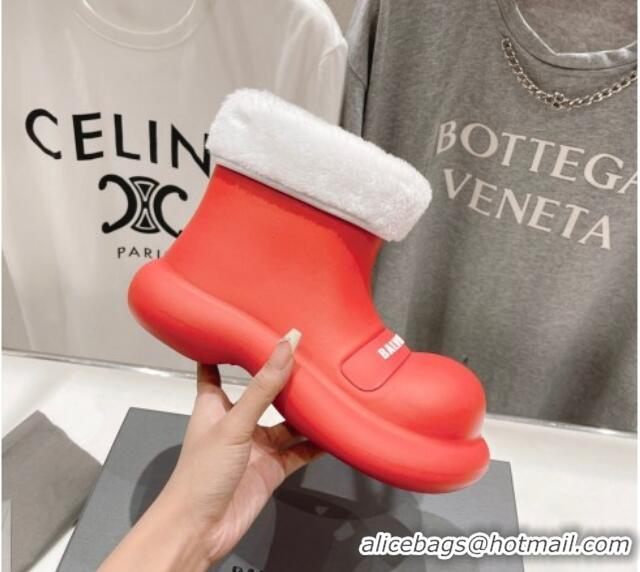 Unique Style Balenciaga Trooper Rubber Rain Boots with Round Toe and Fur Red 1121088