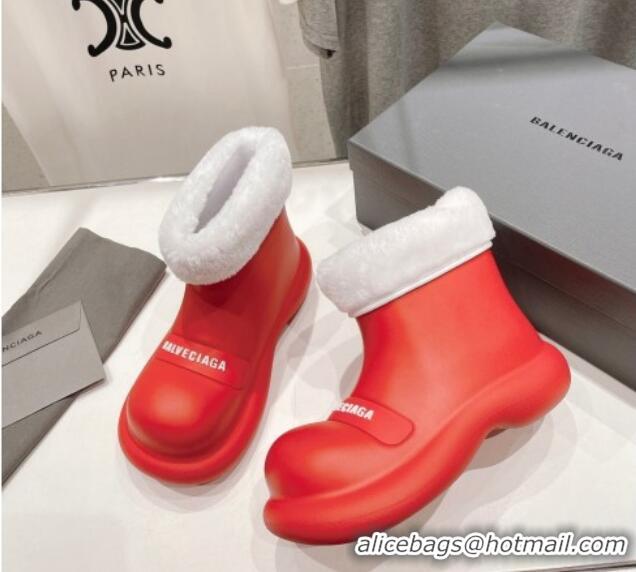 Unique Style Balenciaga Trooper Rubber Rain Boots with Round Toe and Fur Red 1121088