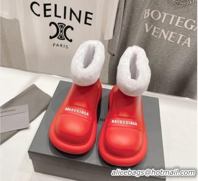 Unique Style Balenciaga Trooper Rubber Rain Boots with Round Toe and Fur Red 1121088