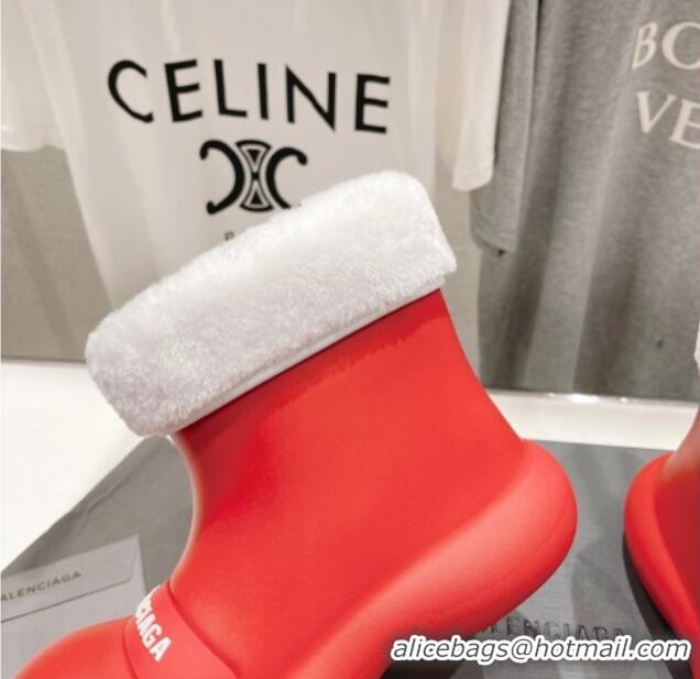 Unique Style Balenciaga Trooper Rubber Rain Boots with Round Toe and Fur Red 1121088