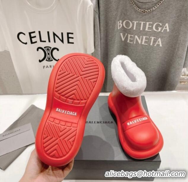 Unique Style Balenciaga Trooper Rubber Rain Boots with Round Toe and Fur Red 1121088