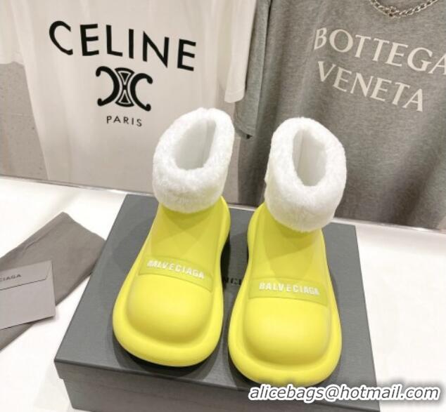 Best Grade Balenciaga Trooper Rubber Rain Boots with Round Toe and Fur Yellow 1121089