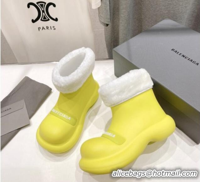 Best Grade Balenciaga Trooper Rubber Rain Boots with Round Toe and Fur Yellow 1121089