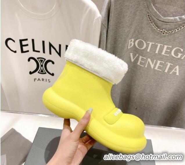 Best Grade Balenciaga Trooper Rubber Rain Boots with Round Toe and Fur Yellow 1121089