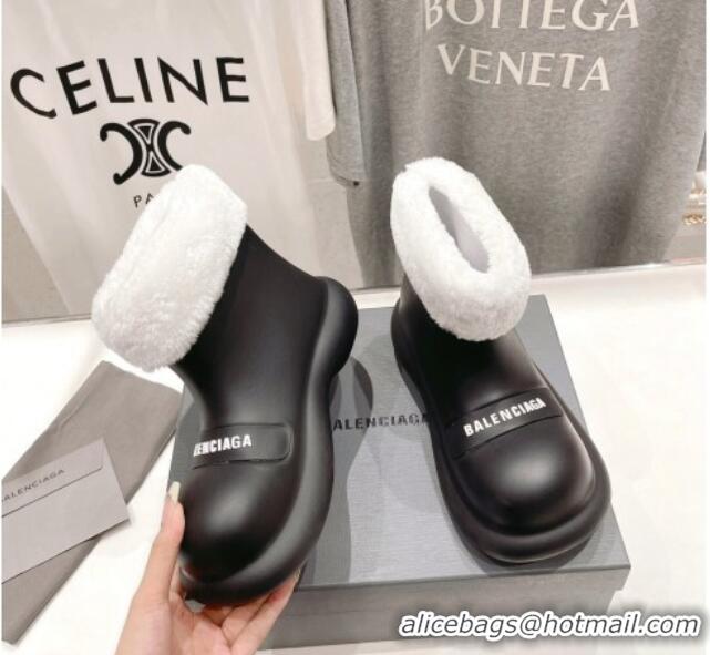 Grade Quality Balenciaga Trooper Rubber Rain Boots with Round Toe and Fur Black 1121090