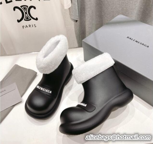 Grade Quality Balenciaga Trooper Rubber Rain Boots with Round Toe and Fur Black 1121090