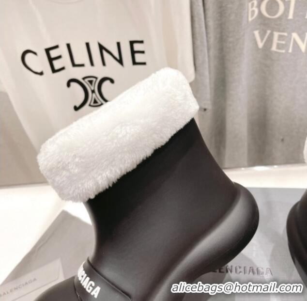 Grade Quality Balenciaga Trooper Rubber Rain Boots with Round Toe and Fur Black 1121090