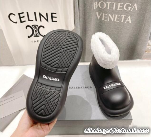 Grade Quality Balenciaga Trooper Rubber Rain Boots with Round Toe and Fur Black 1121090