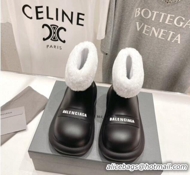 Grade Quality Balenciaga Trooper Rubber Rain Boots with Round Toe and Fur Black 1121090