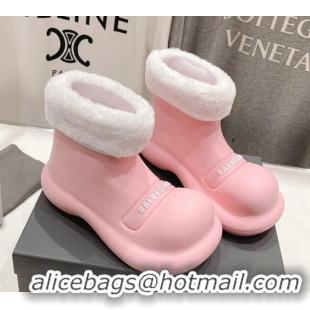 Buy Discount Balenciaga Trooper Rubber Rain Boots with Round Toe and Fur Light Pink 1121091