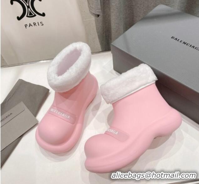 Buy Discount Balenciaga Trooper Rubber Rain Boots with Round Toe and Fur Light Pink 1121091