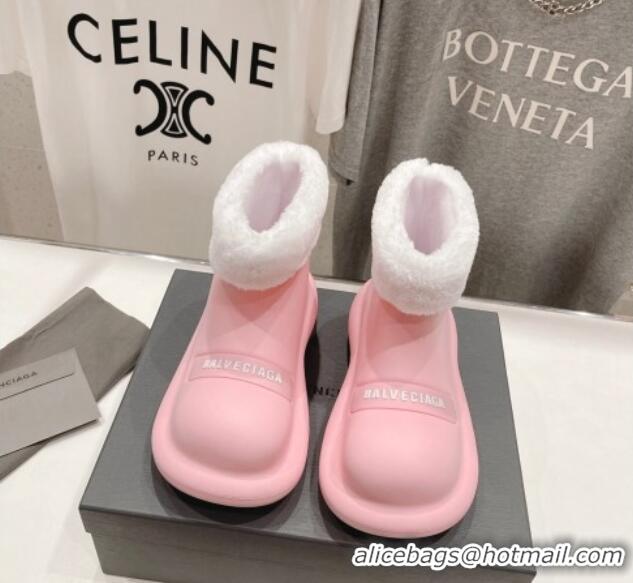 Buy Discount Balenciaga Trooper Rubber Rain Boots with Round Toe and Fur Light Pink 1121091