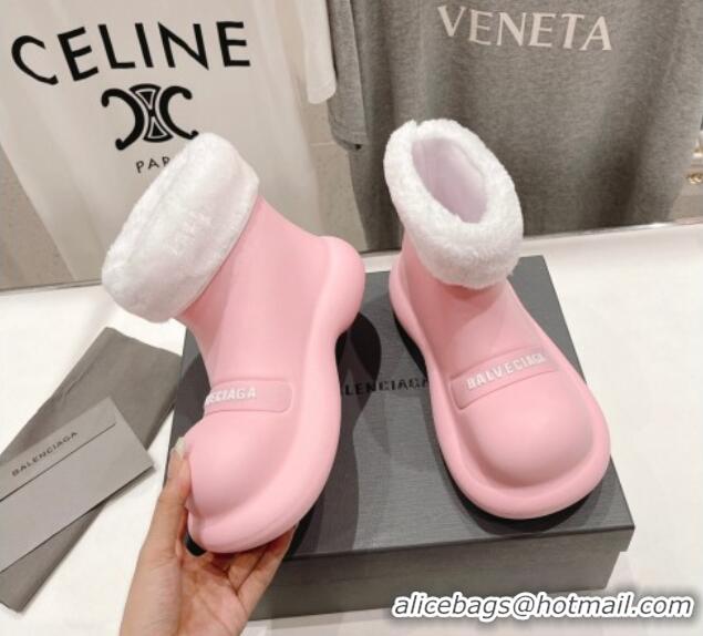 Buy Discount Balenciaga Trooper Rubber Rain Boots with Round Toe and Fur Light Pink 1121091