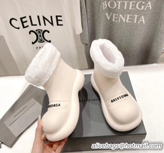 Classic Hot Balenciaga Trooper Rubber Rain Boots with Round Toe and Fur White 1121092