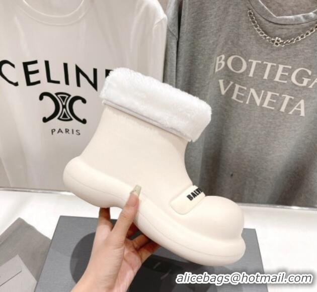 Classic Hot Balenciaga Trooper Rubber Rain Boots with Round Toe and Fur White 1121092