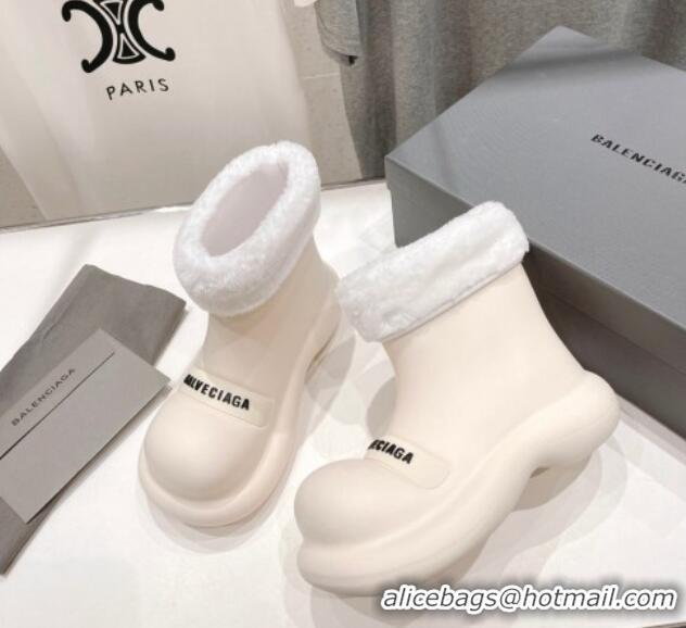 Classic Hot Balenciaga Trooper Rubber Rain Boots with Round Toe and Fur White 1121092