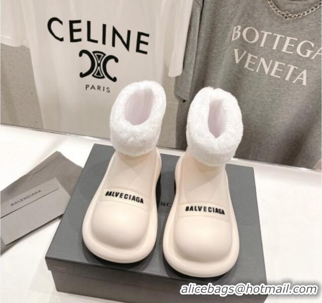 Classic Hot Balenciaga Trooper Rubber Rain Boots with Round Toe and Fur White 1121092