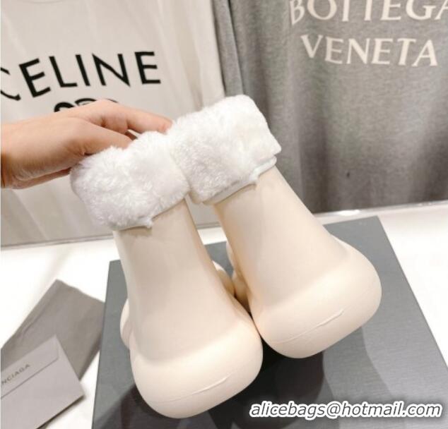 Classic Hot Balenciaga Trooper Rubber Rain Boots with Round Toe and Fur White 1121092