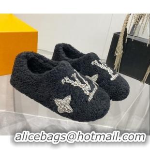 Good Looking Louis Vuitton Shearling Flat Loafers with Crystals Black 204019