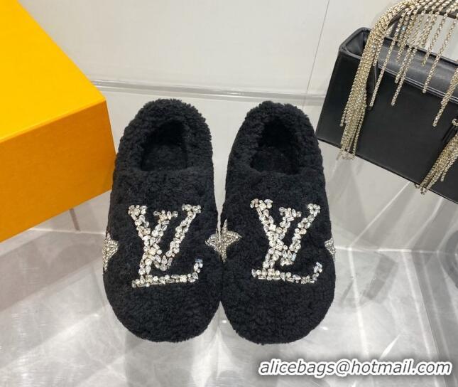 Good Looking Louis Vuitton Shearling Flat Loafers with Crystals Black 204019