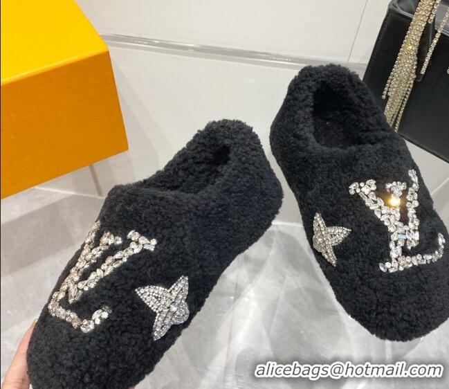 Good Looking Louis Vuitton Shearling Flat Loafers with Crystals Black 204019