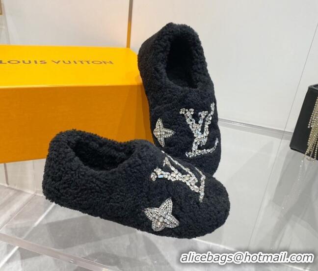 Good Looking Louis Vuitton Shearling Flat Loafers with Crystals Black 204019