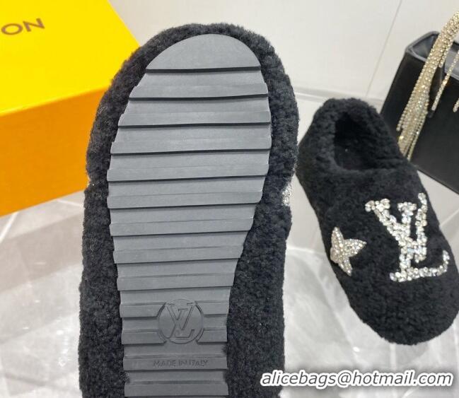 Good Looking Louis Vuitton Shearling Flat Loafers with Crystals Black 204019