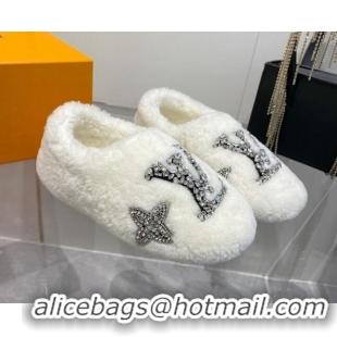 Grade Quality Louis Vuitton Shearling Flat Loafers with Crystals White 204020