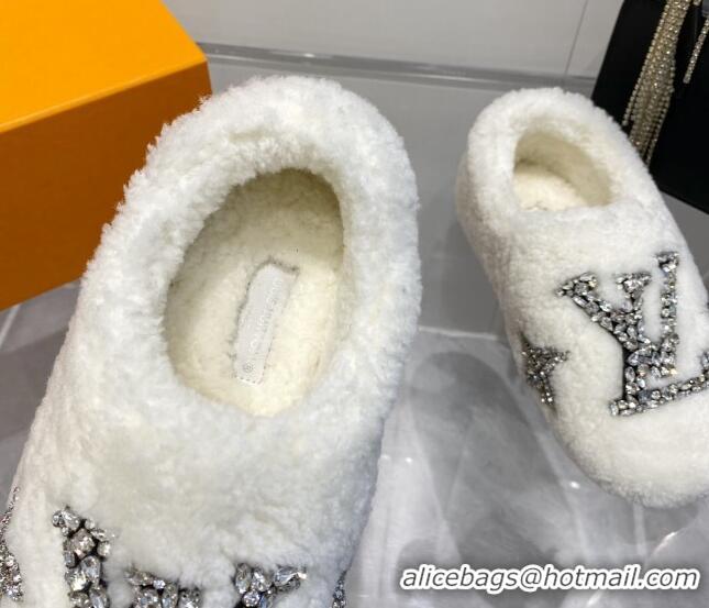 Grade Quality Louis Vuitton Shearling Flat Loafers with Crystals White 204020