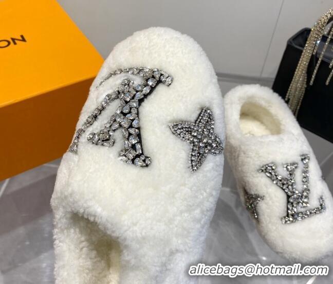 Grade Quality Louis Vuitton Shearling Flat Loafers with Crystals White 204020