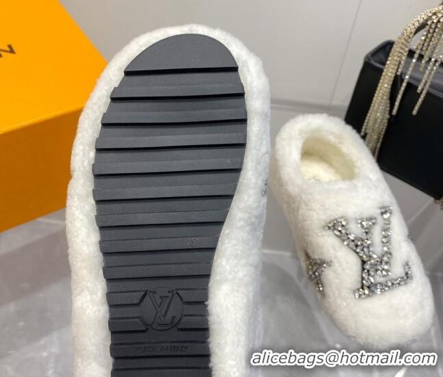 Grade Quality Louis Vuitton Shearling Flat Loafers with Crystals White 204020