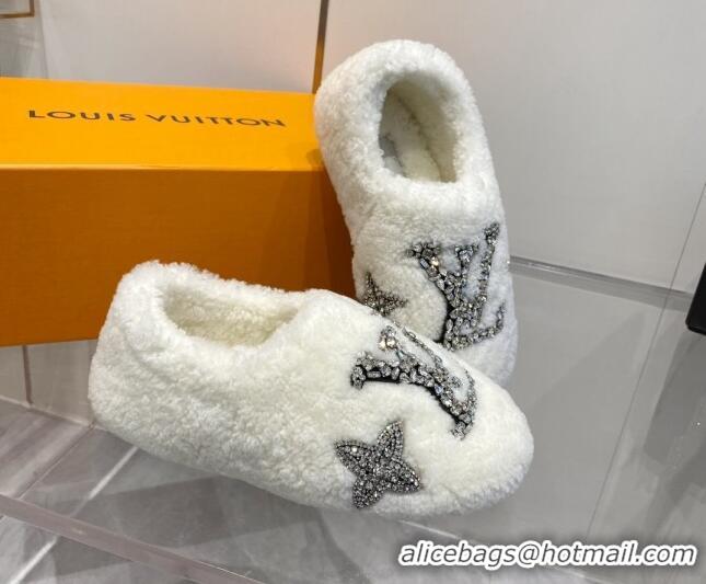 Grade Quality Louis Vuitton Shearling Flat Loafers with Crystals White 204020