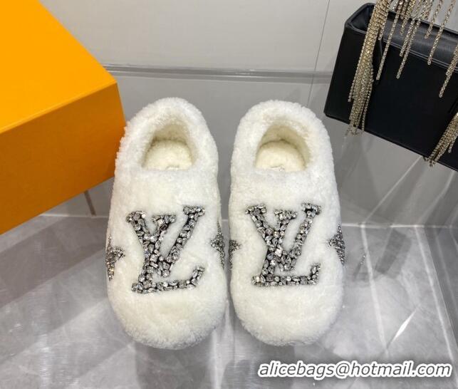 Grade Quality Louis Vuitton Shearling Flat Loafers with Crystals White 204020