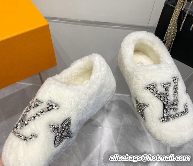 Grade Quality Louis Vuitton Shearling Flat Loafers with Crystals White 204020