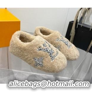 Best Grade Louis Vuitton Shearling Flat Loafers with Crystals Beige 204021