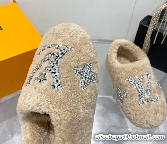 Best Grade Louis Vuitton Shearling Flat Loafers with Crystals Beige 204021