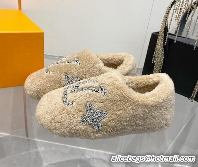 Best Grade Louis Vuitton Shearling Flat Loafers with Crystals Beige 204021