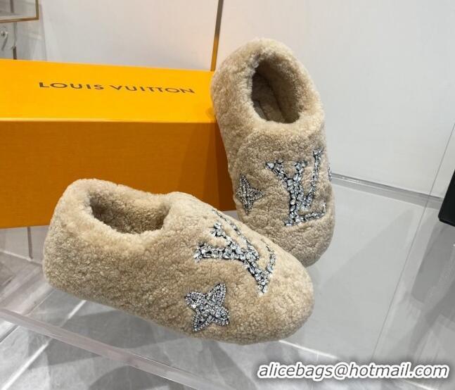 Best Grade Louis Vuitton Shearling Flat Loafers with Crystals Beige 204021