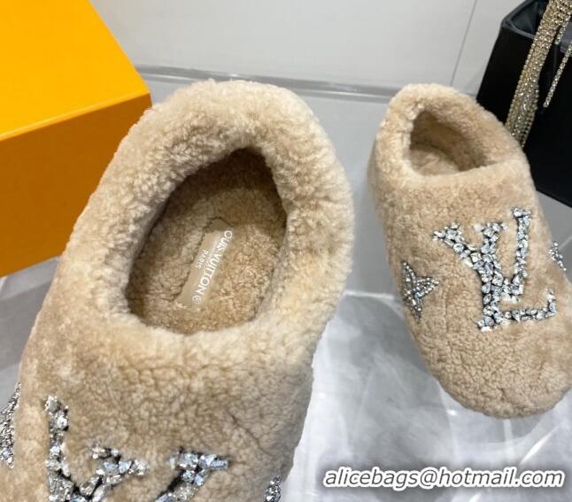 Best Grade Louis Vuitton Shearling Flat Loafers with Crystals Beige 204021