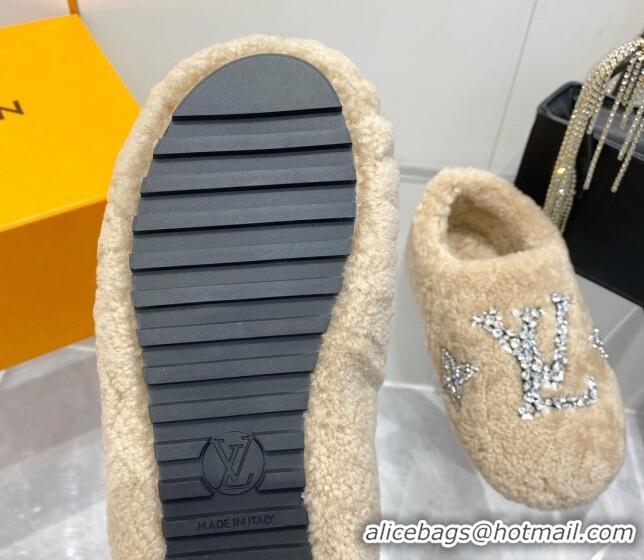 Best Grade Louis Vuitton Shearling Flat Loafers with Crystals Beige 204021