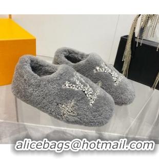 Unique Style Louis Vuitton Shearling Flat Loafers with Crystals Grey 204022