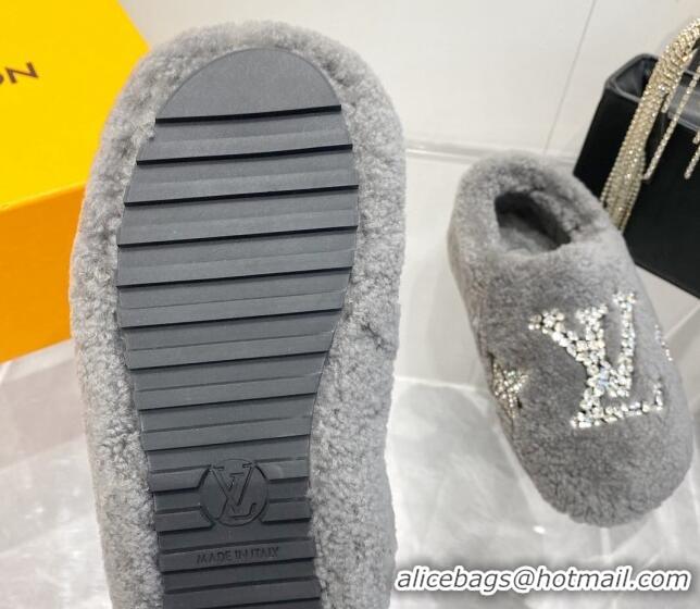 Unique Style Louis Vuitton Shearling Flat Loafers with Crystals Grey 204022