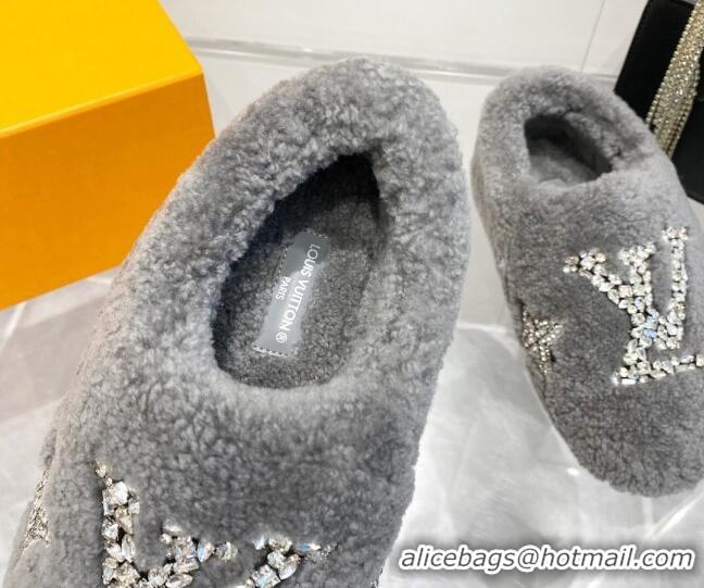 Unique Style Louis Vuitton Shearling Flat Loafers with Crystals Grey 204022