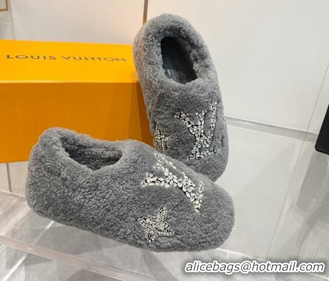 Unique Style Louis Vuitton Shearling Flat Loafers with Crystals Grey 204022