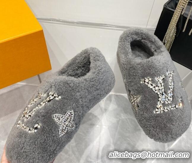 Unique Style Louis Vuitton Shearling Flat Loafers with Crystals Grey 204022