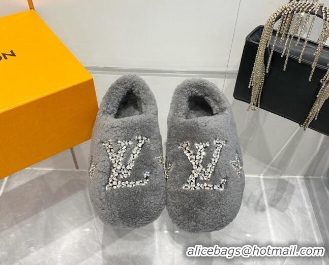 Unique Style Louis Vuitton Shearling Flat Loafers with Crystals Grey 204022