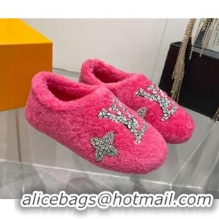 Good Quality Louis Vuitton Shearling Flat Loafers with Crystals Dark Pink 204023