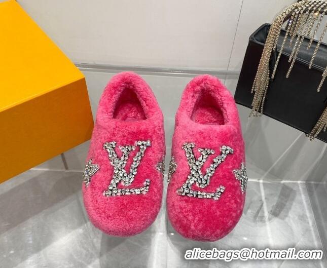 Good Quality Louis Vuitton Shearling Flat Loafers with Crystals Dark Pink 204023