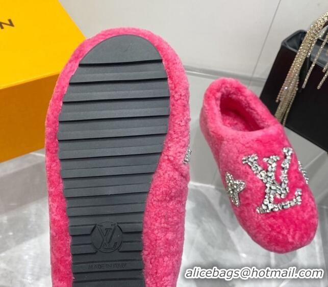 Good Quality Louis Vuitton Shearling Flat Loafers with Crystals Dark Pink 204023