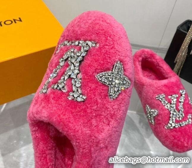 Good Quality Louis Vuitton Shearling Flat Loafers with Crystals Dark Pink 204023